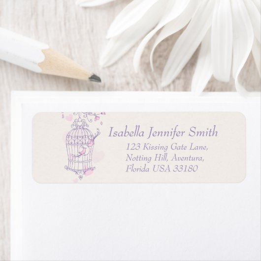 Paars roze vogelkooi trouwlabel etiket (Insitu)