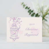 Paars & roze vogels openen kooi trouw RSVP (Staand voorkant)