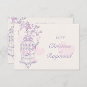 Paars & roze vogels openen kooi trouw RSVP (Voorkant / Achterkant)