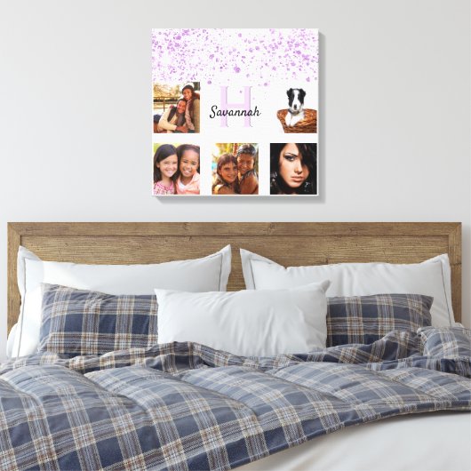 Paars roze witte fotocollage monogram canvas afdruk (Insitu (Slaapkamer))