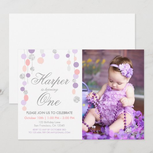 Paars roze zilver Glitter Birthday-uitnodiging Kaart (Voorkant / Achterkant)