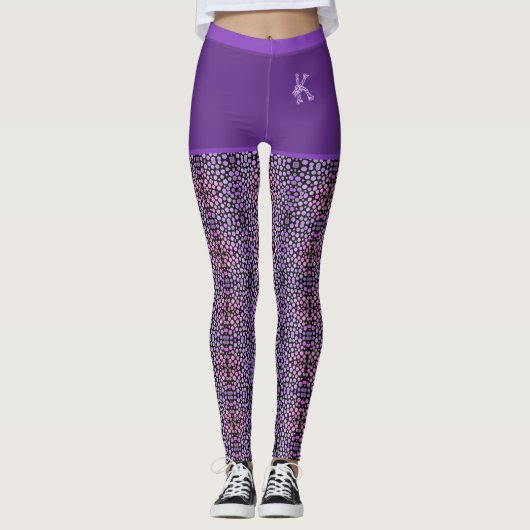 Paars roze zwart-wit-cirkels monogram leggings (Voorkant)