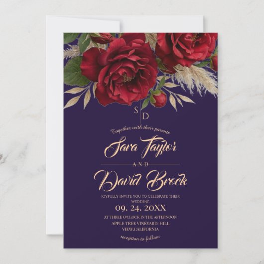 Paars & Rozen Bloemige Moderne Boho Bruiloft Kaart (Voorkant)