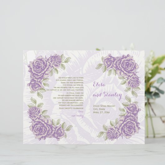  paars rozen trouwvouwprogramma (Staand voorkant)