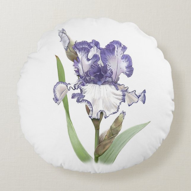 Paars Ruffled Iris Rond Kussen (Voorkant)