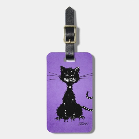 Paars ruige zwarte kat bagagelabel (Voorkant verticaal)
