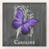 Paars Rustic Butterfly - gepersonaliseerd Onderzet Glazen Onderzetter (Voorkant)