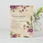 Paars Rustic Pink Floral Quinceañera Kaart (Staand voorkant)