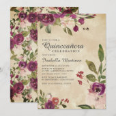 Paars Rustic Pink Floral Quinceañera Kaart (Voorkant / Achterkant)