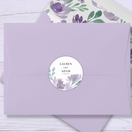 Paars Rustige Waterverf Floral Wedding Ronde Sticker