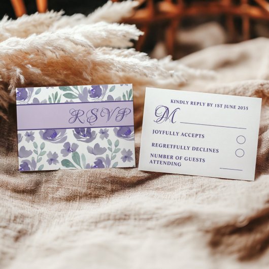 Paars Rustige Waterverf Floral Wedding RSVP Kaartje