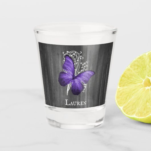 Paars Rustisch Butterfly - Gepersonaliseerd heet g Shot Glas (Voorkant)