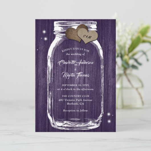 Paars Rustisch Hout Harten Mason Jar Wedding Kaart (Staand voorkant)