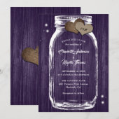 Paars Rustisch Hout Harten Mason Jar Wedding Kaart (Voorkant / Achterkant)