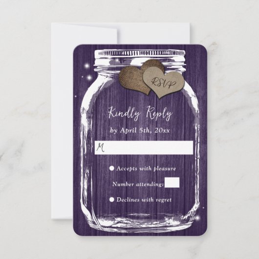 Paars Rustisch hout Harten Mason Jar Wedding RSVP (Voorkant)