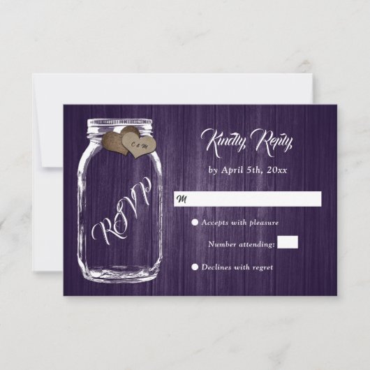 Paars Rustisch Land Hood Heart Mason Jar Wedding RSVP Kaartje (Voorkant)