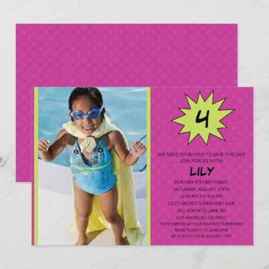 Paars Save the Day Superheld Photo Birthday Party Kaart (Voorkant / Achterkant)
