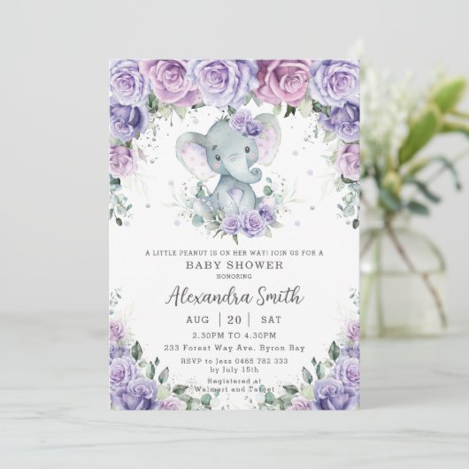 Paars Schattig Elephant Baby shower Kaart (Staand voorkant)