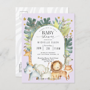Paars schattig oerwoud safari baby douche uitnodiging briefkaart