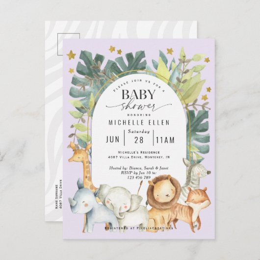 Paars schattig oerwoud safari baby douche uitnodiging briefkaart (Voorkant / Achterkant)