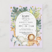 Paars schattig oerwoud safari baby douche uitnodiging briefkaart (Voorkant)