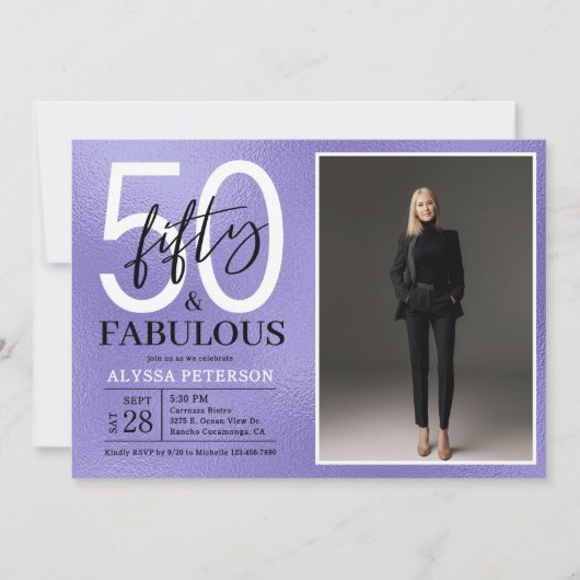 Paars Script 'Fifty & Fabulous' 50e Verjaardag Fot Kaart (Voorkant)
