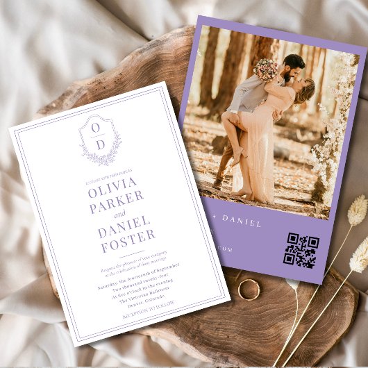Paars Sering Modern QR-code Wapen Foto Bruiloft Kaart