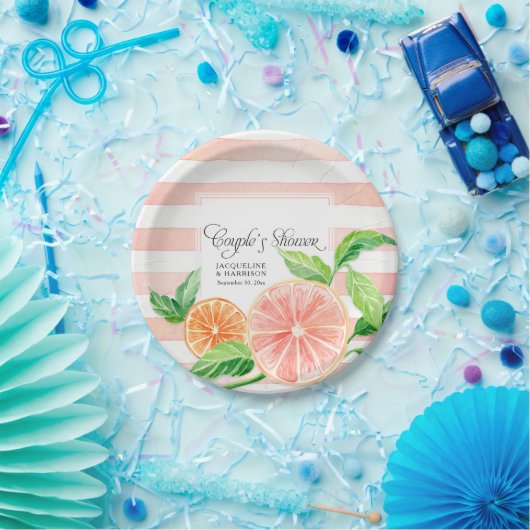 Paar's Shower Pink Striped Citrus Oranje Art Papieren Bordje (Feest)