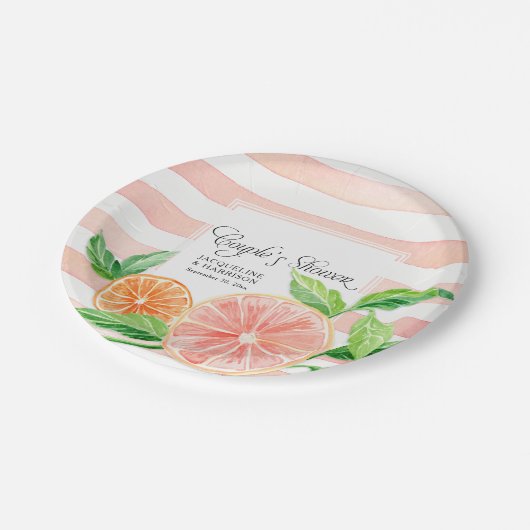 Paar's Shower Pink Striped Citrus Oranje Art Papieren Bordje (Gekanteld)