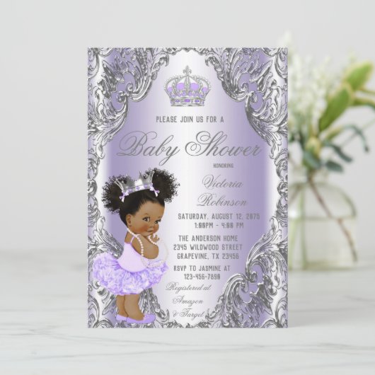 Paars Silver Afro Hair Princess Baby shower Kaart (Staand voorkant)