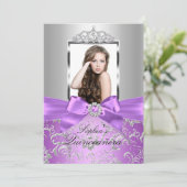 Paars Silver Bow en Tiara Quinceanera Kaart (Staand voorkant)