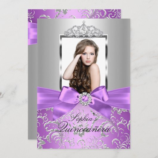 Paars Silver Bow en Tiara Quinceanera Kaart (Voorkant / Achterkant)