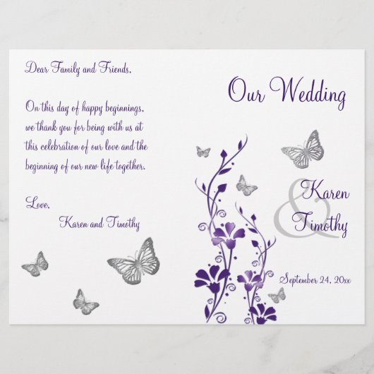 Paars Silver Butterfly Floral Wedding Programme (Voorkant)