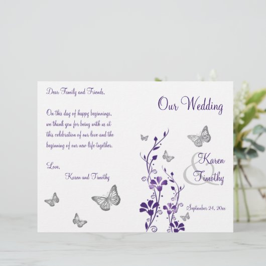 Paars Silver Butterfly Floral Wedding Programme (Staand voorkant)
