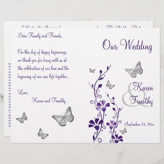 Paars Silver Butterfly Floral Wedding Programme (Voorkant / Achterkant)