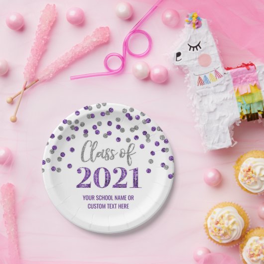 Paars Silver Confetti Afstuderen 2021 Papieren Bordje (Feest)