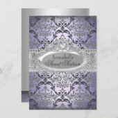  Paars & Silver Damask Sweet 16 Invite Kaart (Voorkant / Achterkant)