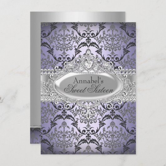 Paars & Silver Damask Sweet 16 Invite Kaart (Voorkant / Achterkant)