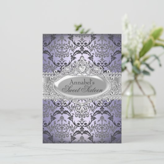  Paars & Silver Damask Sweet 16 Invite Kaart (Staand voorkant)