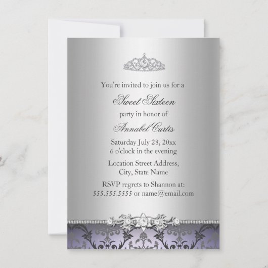 Paars & Silver Damask Sweet 16 Invite Kaart (Achterkant)