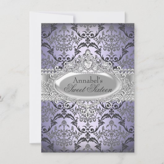  Paars & Silver Damask Sweet 16 Invite Kaart (Voorkant)