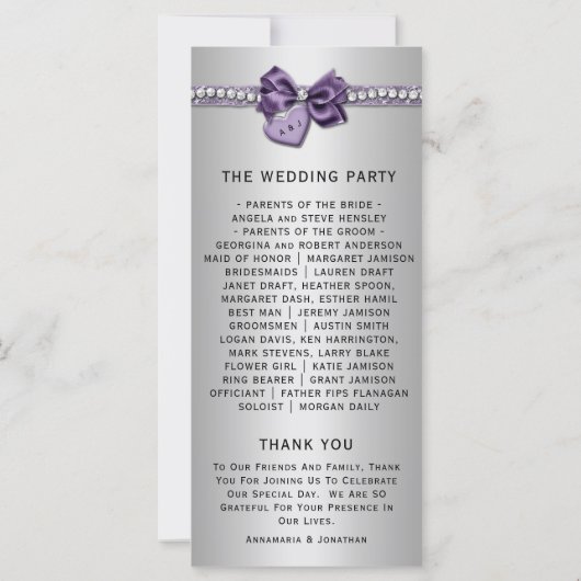 Paars Silver Diamonds Heart Wedding Programme (Achterkant)