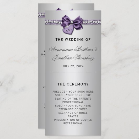 Paars Silver Diamonds Heart Wedding Programme (Voorkant / Achterkant)