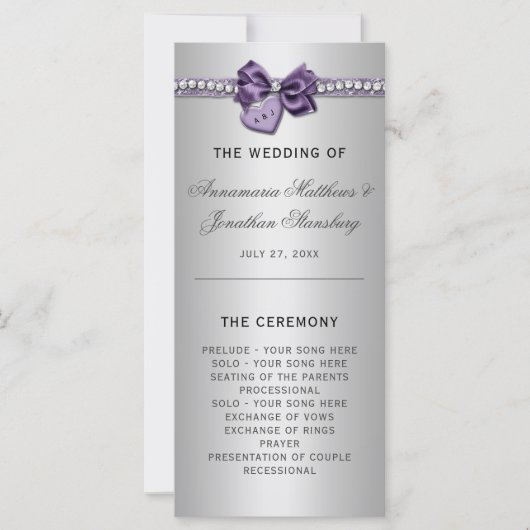 Paars Silver Diamonds Heart Wedding Programme (Voorkant)