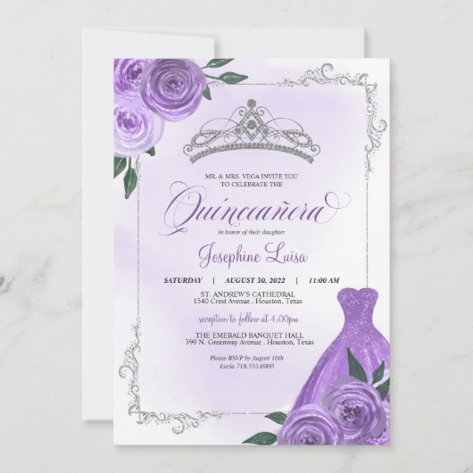Paars Silver en White Floral Tiara Quinceañera Inv Kaart (Voorkant)