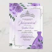 Paars Silver en White Floral Tiara Quinceañera Inv Kaart (Voorkant / Achterkant)