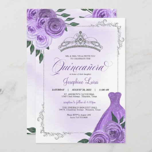 Paars Silver en White Floral Tiara Quinceañera Inv Kaart (Voorkant / Achterkant)