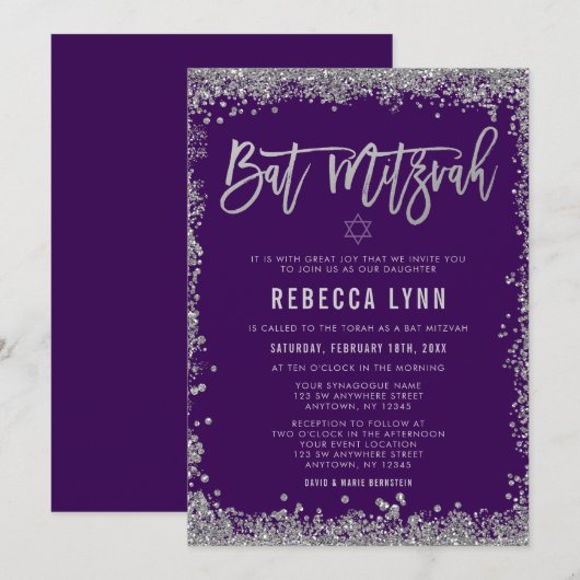 Paars Silver Faux Glitter Bat Mitzvah Kaart (Voorkant / Achterkant)