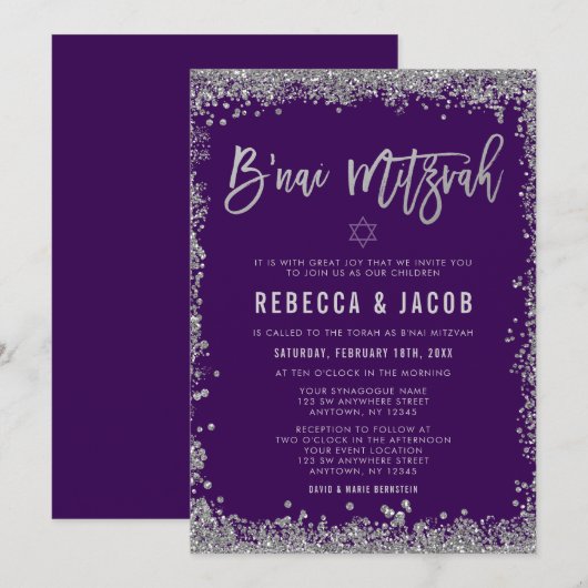 Paars Silver Faux Glitter B'nai Mitzvah Kaart (Voorkant / Achterkant)