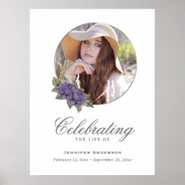 Paars Silver Floral Foto Memorial Funeral Sign Poster
